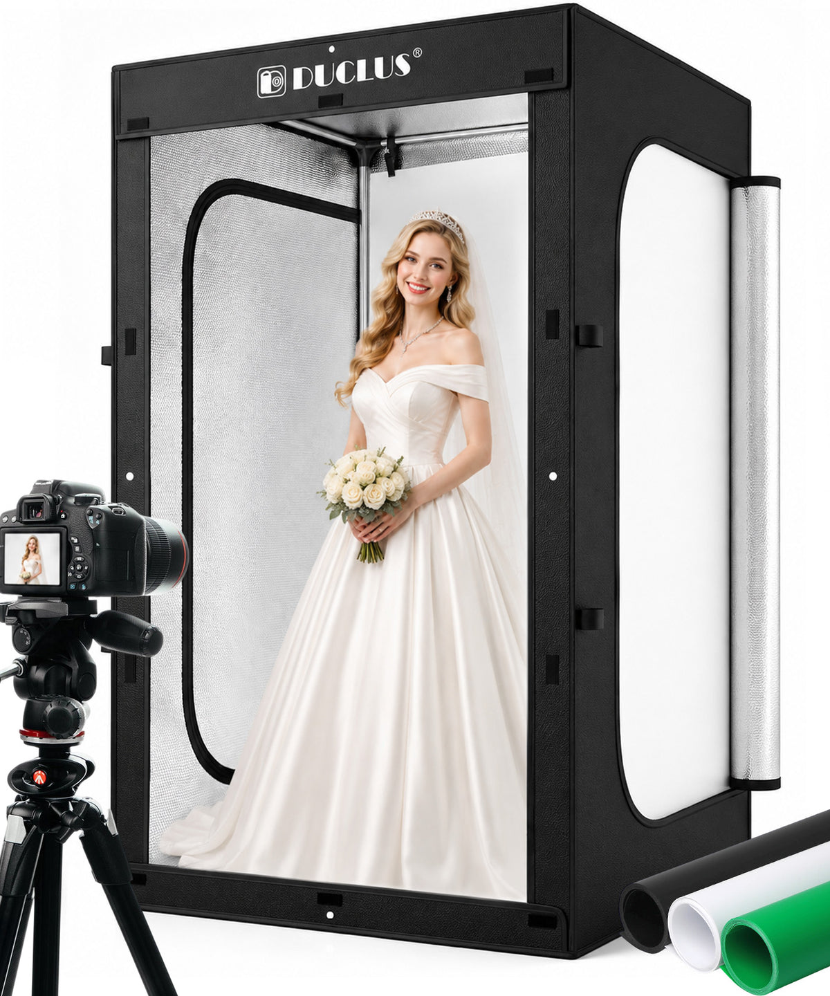 DUCLUS Photo Light Box 47×39×79 Inch for Clothing Photography, 400 LED Studio Shooting Tent with 8 Light Panels, CRI 96+, 12000lm Daylight, 3 Matte PP Backdrops for Bags, Models & Large Products