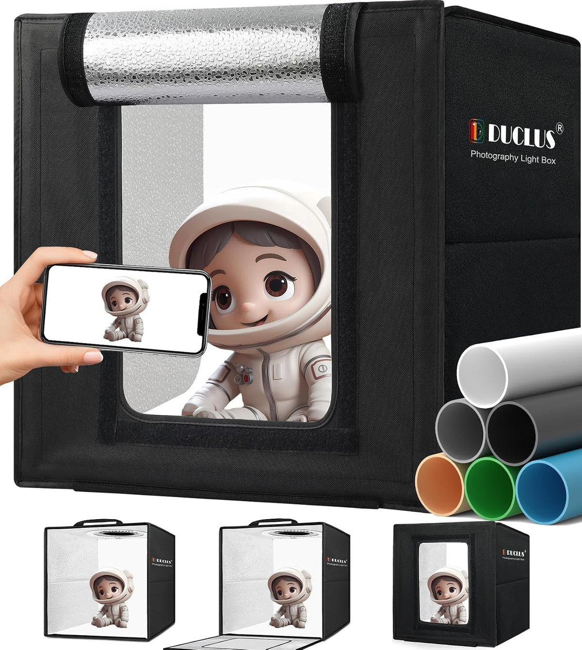 DUCLUS Light Box Photography, Portable Photo Studio Booth Box, 10" x 10" Professional Mini Shooting Tents with 104 LED Lights Dimmable, 6 Backdrops for Small Product: Jewelry, Miniature Models