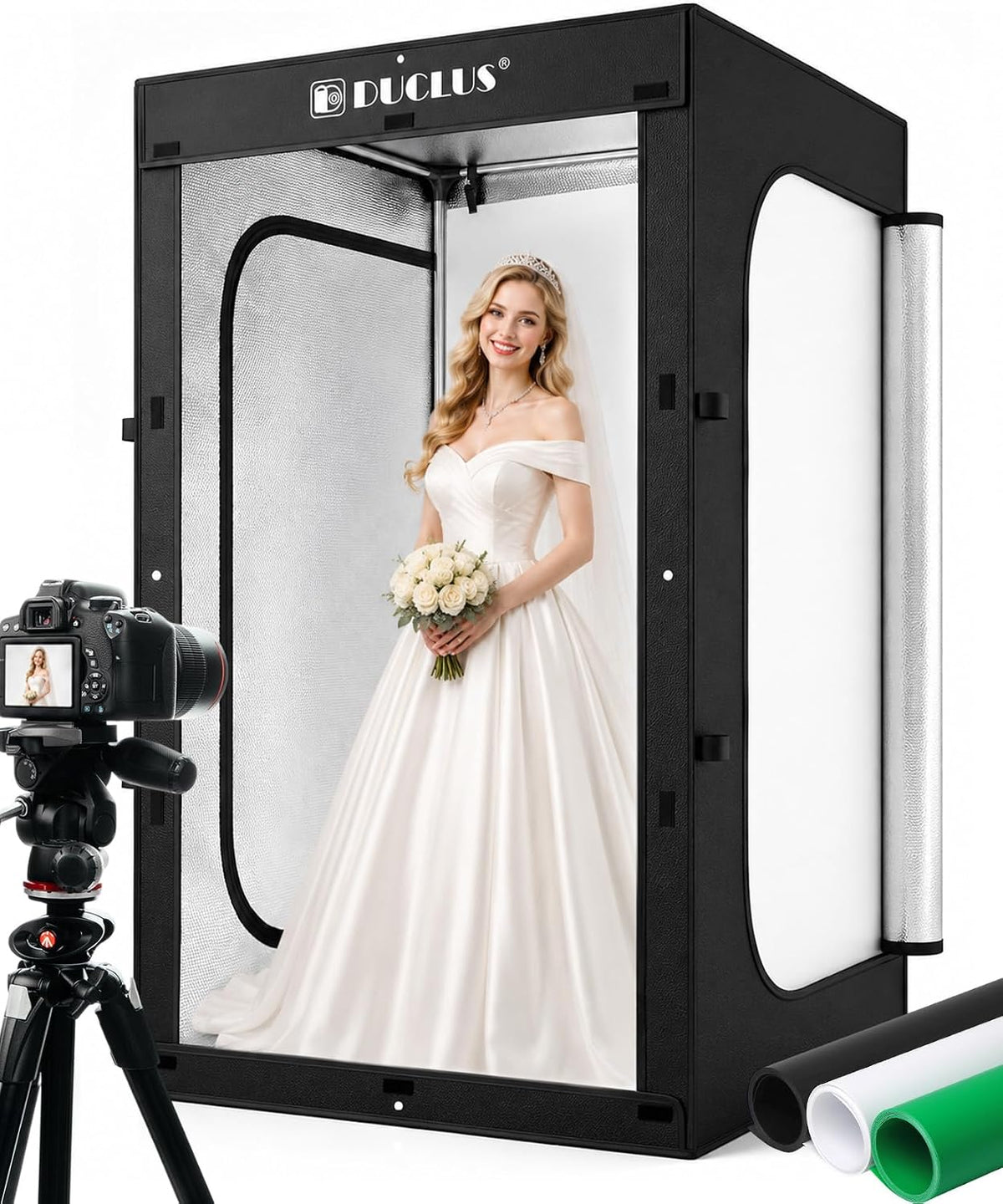 DUCLUS Photo Light Box 47×39×79 Inch for Clothing Photography, 400 LED Studio Shooting Tent with 8 Light Panels, CRI 96+, 12000lm Daylight, 3 Matte PP Backdrops for Bags, Models & Large Products
