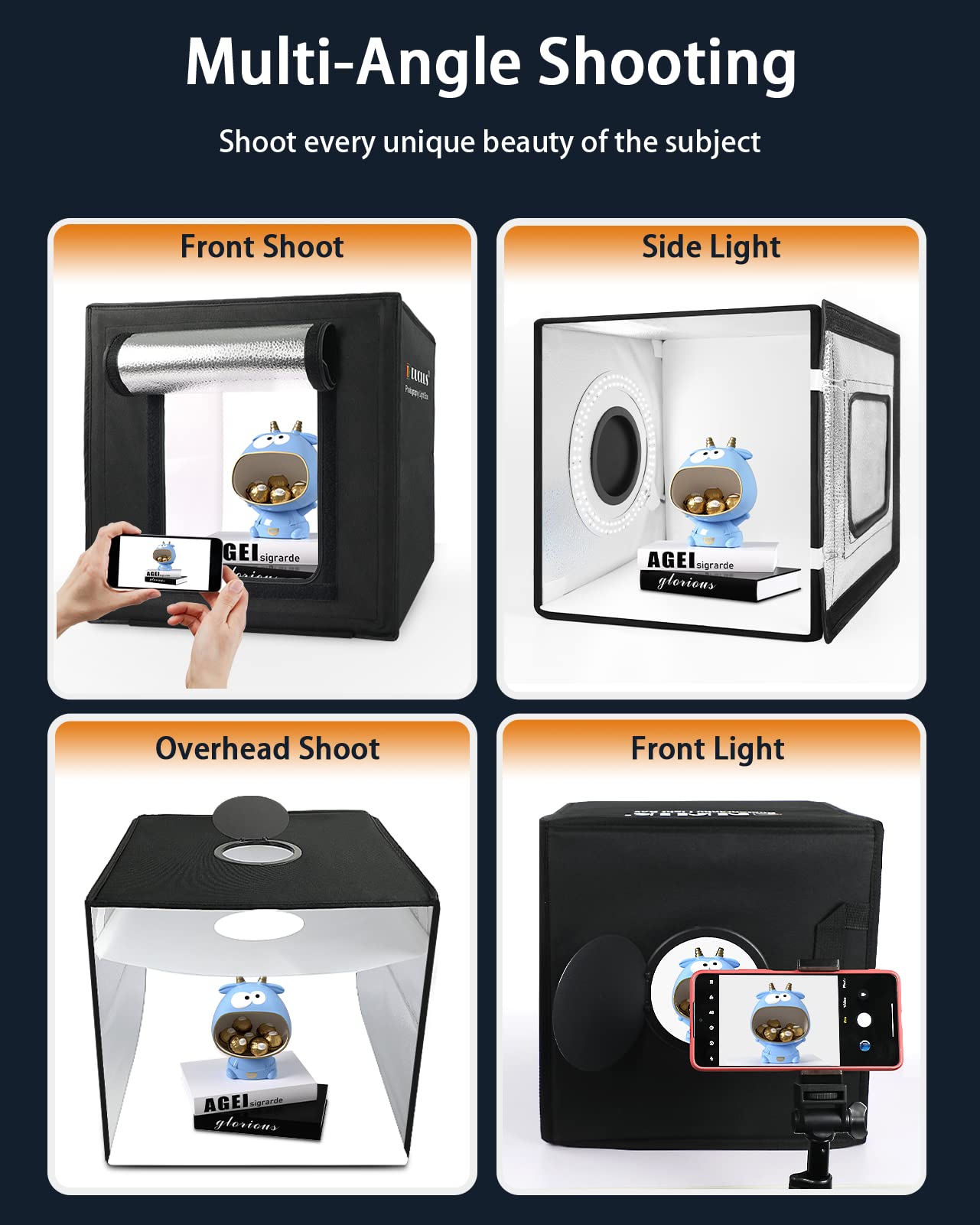 12" x 12" Professional Portable Photography Light Box, 10 Levels Dimmable, with Waterproof Backdrops
